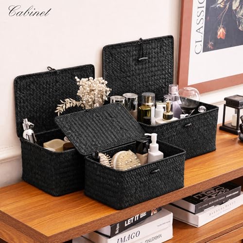 Nonam Wicker Storage Basket with Lid,Seagrass Shelf Basket Set of 3,Black - color: Standard Black* Set of 3