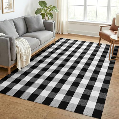 KOZYFLY Buffalo Plaid Area Rug 5x7 ft Living Room Rug, Black and White - color: Black and White, size: 5' x 7' (Rectangular)