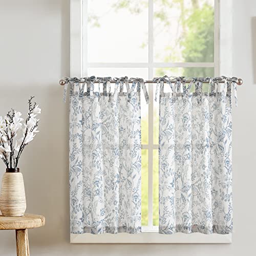 jinchan Blue Floral Kitchen Tier Curtains Botanic 36 Inch Tie Top 2 Panles - color: Devon Blue on Linen, size: 26"W x 36"L (Pack of 2)