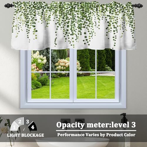 Renaiss 42 x 12 Inch Green Leaf Window Valance for Cafe Kitchen Spring Botanical Short Curtains Farmhouse Thermal Insulated Window Treatment Bathroom Basement RV Camper Valance Drapes with Rod Pocket - color: Moss Green, size: 42"W x 12"L (Pack of 1)