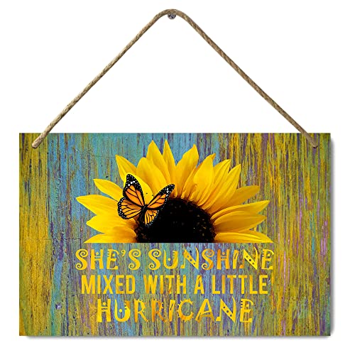 HANGWWZQ Wood Sign Plaque Floral Butterfly Sunflower She is Sunshine Wooden Hanging Sign Wall Art Decor for Home Office Door 12 x 8 Inch - color: Floral Butterfly Sunflower She is Sunshine
