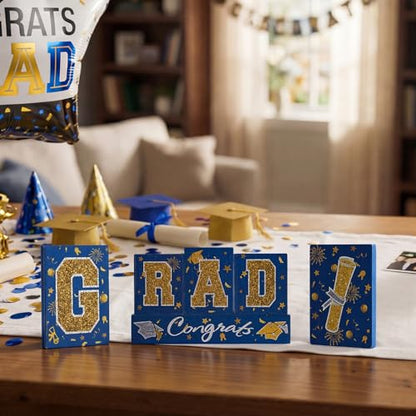 Smile GRAD Wooden Block Decor Set, 6-Piece Blue(Science) & Gold Glittered Letter Blocks with Congrats Banner, Tiered Tray Tabletop Signs for Graduation Party Decorations - style: Grad Blue