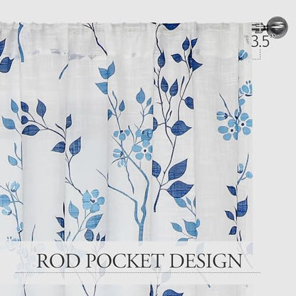 Beauoop Floral Linen Semi Sheer Curtains Living Room Blue Grey 50x63 2 Set - color: Rod Pocket | Blue and Grey, size: 50"W x 63"L (Pack of 2)