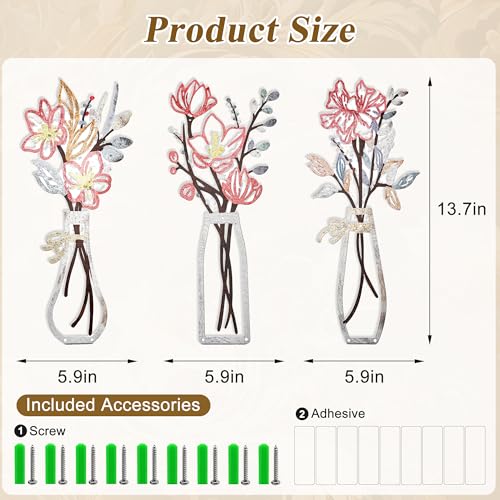Embewhis Wall Decor Metal Flowers 3pcs, Rustic Farmhouse Flower Sculptures, 13.7" Wall Art Decor, Drill-Free Install Option for Living Room, Kitchen, Bedroom & Bathroom - size: H