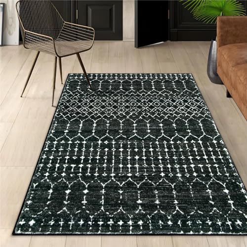 Lahome Moroccan Black Area Rug for Living Room 3x5 Non-Slip Washable Stain Resistant Large Kitchen Rugs Throw Low-Profile Soft Bedroom Carpet Geometric Print Rug for Entryway Dining Room Hana - color: Black, size: 3' x 5' (Rectangular)