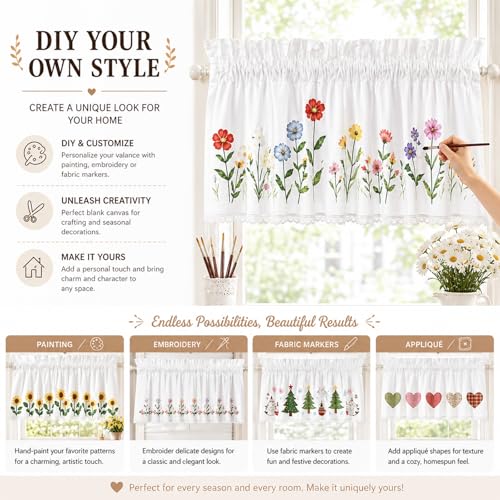 White Cotton Crochet Edge Window Valance, 18" L x 40" W, 2 Panels - color: White, size: 18"L x 40"W (Pack of 2)