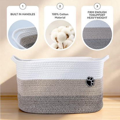 3Pack Storage Basket Set (S/M/L), Rope Basket with Handles, Machine Washable, Dog Toy Bin for Pet Toy Storage, Toys Nursery, Home Storage, White, Brown