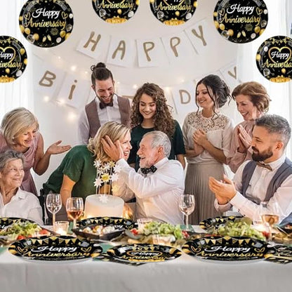 Greencian 96 Pcs Black and Gold Anniversary Party Decorations，Serves 24 - style: Happy Anniversary Kit