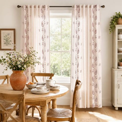 jinchan Linen Curtains 96 Inch Terracotta Floral Drapes Back Tab 2 Panels - color: Terracotta on Beige, size: 50"W x 96"L (Pack of 2)