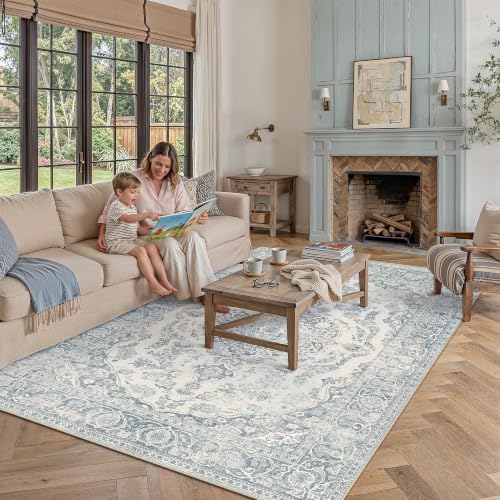 PureCozy Blue 6x9 Area Rug Washable Vintage Distressed - color: Accent | Blue, size: 6' x 9' (Rectangular)