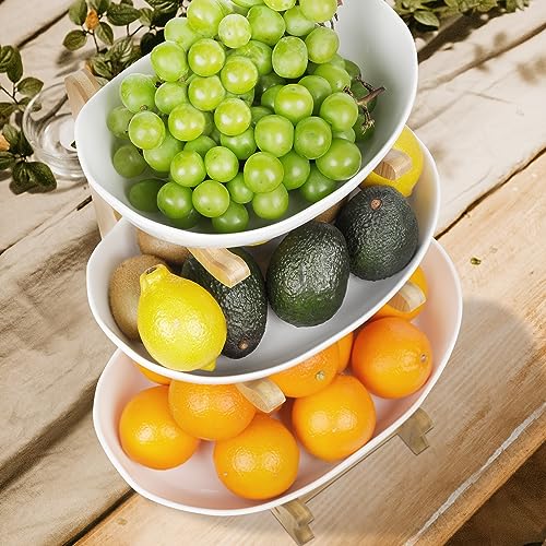 SEVEN SPARTA 3 Tier Fruit Bowl for Kitchen Counter (PLUS edition) / Ceramic Serving Bowls with Bamboo Stand/Big Size Tiered Fruit Basket for Fruit Vegetable Storage, Dessert, Salad Buffet Server - style: PLUS edition