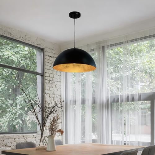 20 Inch Dome Pendant Light-Black and Gold Pendant Light with Gold Leaf Interior, Farmhouse Industrial Chandelier for Dining Table, Kitchen Island, Bar - size: 20" Dome