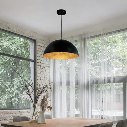 20 Inch Dome Pendant Light-Black and Gold Pendant Light with Gold Leaf Interior, Farmhouse Industrial Chandelier for Dining Table, Kitchen Island, Bar - size: 20" Dome
