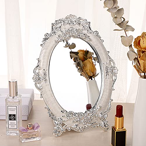 JUXYES Tabletop Dressing Mirror with Stand Desktop Mirror with Rose Decor