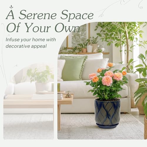 7.2 Inch Modern Ceramic Glaze Plant Pot with Drainage Hole,Mesh Net,Saucer,Indoor Outdoor Planter(Leaf-Blue) - color: Leaf-blue