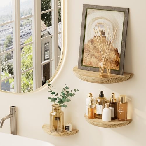 QsQueen Half Round Floating Shelves for Wall, 3 Pack Hidden Bracket Mount, Paulownia Wood, for Plants & Decor - color: Light Brown, size: lron Bracket(S+M+L)