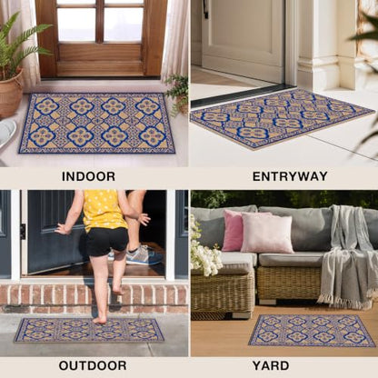 Blue Boho Tile Floral Faux Coco Coir Doormat Door Mat 17x30 Inch - color: Chinoiserie