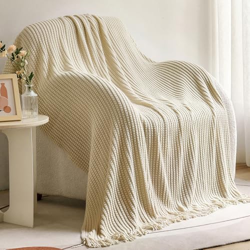 Blagic Knit Throw Blanket for Couch and Bed with Tassels,Off White, 50"x60" - color: D-beige, size: 50 × 60 in