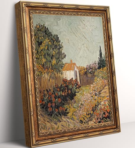 Vintage Gold Framed Floral Garden Wall Art - Classic Impressionist Cottage Landscape Oil Painting Print, Retro Blooming Floral Artwork for Farmhouse Living Room Bedroom Wall Decor, 16x24 in - color: garden, size: 16"L x 24"W