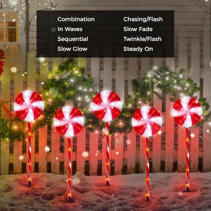 BRIGHTDECK 5 Pack Solar Christmas Pathway Lights, Red Lollipop Stakes - color: Red, size: 5Pack
