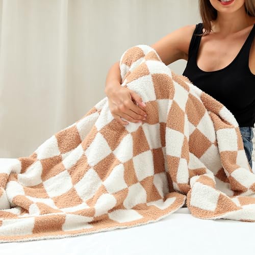 Ultra Soft Checkered Blanket Cozy Buffalo Check Throw Fluffy Knitted Reversible Throw Blanket Lightweight Fleece Checkerboard Grid Blanket for Sofa Couch Bed Travel, Orange Khaki, 51''x63'' - color: Orange Khaki