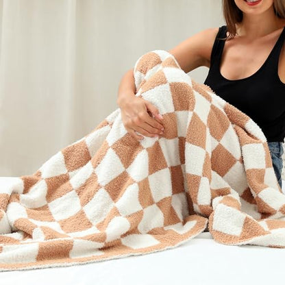 Ultra Soft Checkered Blanket Cozy Buffalo Check Throw Fluffy Knitted Reversible Throw Blanket Lightweight Fleece Checkerboard Grid Blanket for Sofa Couch Bed Travel, Orange Khaki, 51''x63'' - color: Orange Khaki