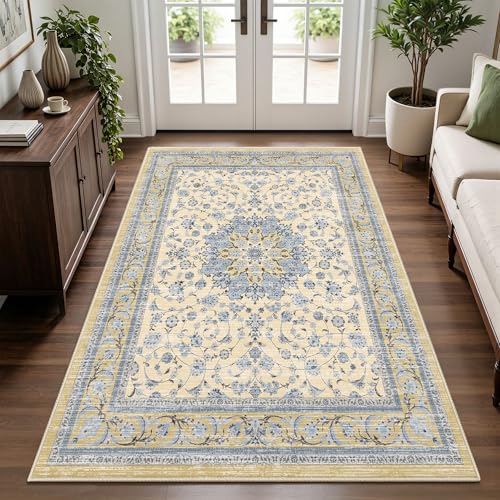 Arenarug 3x5 Area Rug for Entryway, Washable Distressed Vintage Boho Floral Rug, Soft Low Pile Non Slip Stain & Fade Resistant Carpet for Living Room, Bedroom, Kitchen, Beige Blue - color: Beige Blue, size: 3' x 5' (Rectangular)