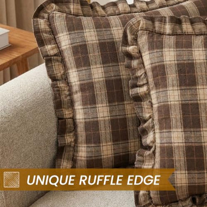Chocolate Dark Brown Tartan Plaid Fall Cute Throw Pillow Covers 18x18 - color: Chocolate Ruffled Plaid Throw Pillow Covers, size: 18" x 18" (Pack of 2)