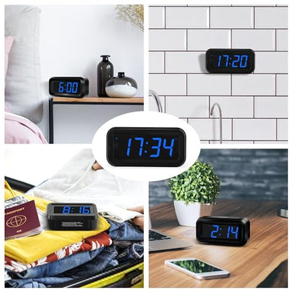 KWANWA Small Digital Alarm Clock, 1.2inch Dark Blue LED Digits, Adjustable Brightness, Dim Night Model, 12H/24H, Battery Operated, Wall Mount, Snooze, Clock for Kids Bedroom, Small Travel Clock - color: Black Case-dark Blue Led