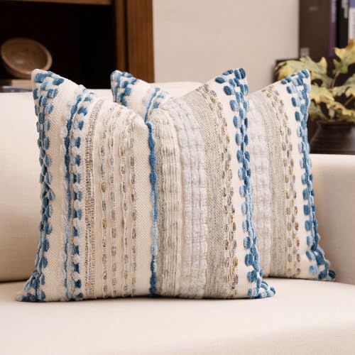 Boho Chenille Tufted Throw Pillow Covers 18x18 Inch Set of 2 Farmhouse Grey Blue Woven Striped Decorative Pillowcases for Couch Sofa Bed - color: Grey Blue