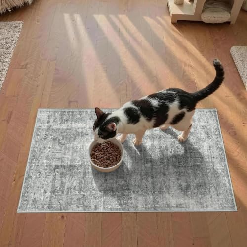 Washable Non-Slip Pet Feeding Mat 16x24, Also a Small Area Rug or Door Mat - color: Distressed Silver Grey and Ivory, size: 1'4" x 2' (Rectangular)