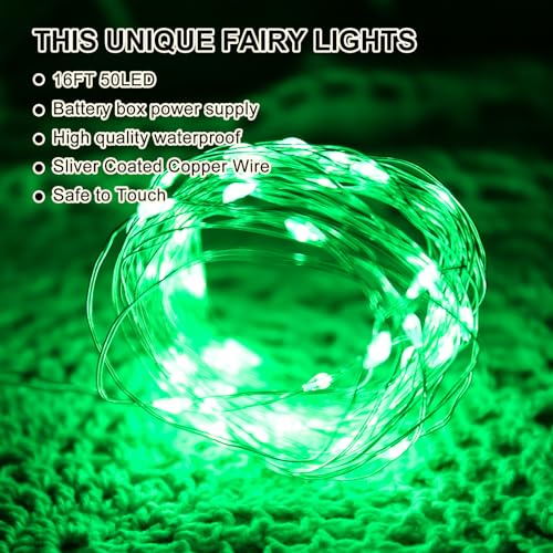 Green Fairy Lights Battery Operated (Included), 8 Modes & Auto timer, 16FT 50Led Mini Twinkle Silver Wire Firefly Starry lights,Waterproof Battery Operated Lights for Bedroom Christmas Wedding - color: Green, size: 1 Pack - Batteries Included