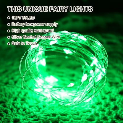 Green Fairy Lights Battery Operated (Included), 8 Modes & Auto timer, 16FT 50Led Mini Twinkle Silver Wire Firefly Starry lights,Waterproof Battery Operated Lights for Bedroom Christmas Wedding - color: Green, size: 1 Pack - Batteries Included