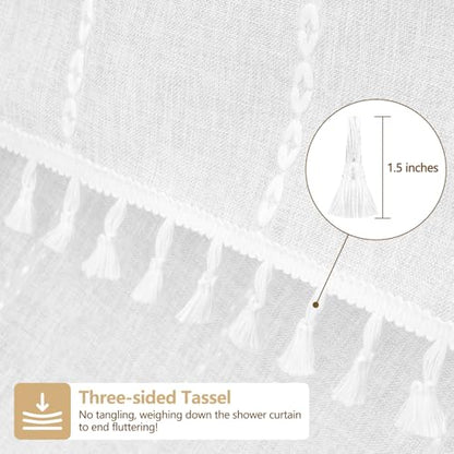 Seenus White Boho Fabric Shower Curtain with Tassels, Linen Textured French Country Shower Curtain Heavy Duty, 72 x 72 Inch Elegant Luxury Water Repellent Shower Curtains for Bathroom - color: White, size: 72"W x 72"L (Pack of 1)