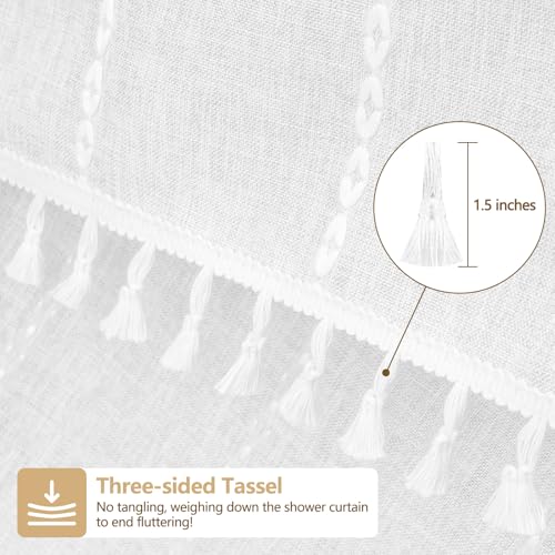 Seenus 72 x 84 inch Extra Long Boho Farmhouse Shower Curtain with Tassels, White Linen Textured Soft Fabric Shower Curtain Heavyweight, Elegant French Country Striped Bathroom Curtain Water Repellent - color: White, size: 72"W x 84"L (Pack of 1)