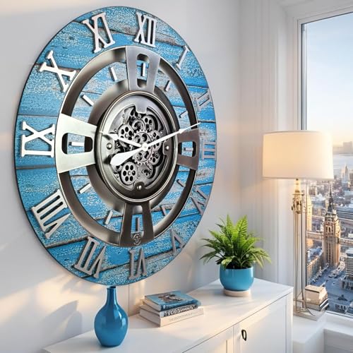 ImprovingLife The Gears Clock Real Moving Gear Wall Clock England Line (Ocean Blue, 36 inches (90 cm)) - color: Ocean Blue, size: 36 inches (90 cm)