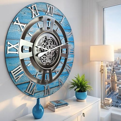 ImprovingLife The Gears Clock Real Moving Gear Wall Clock England Line (Ocean Blue, 36 inches (90 cm)) - color: Ocean Blue, size: 36 inches (90 cm)