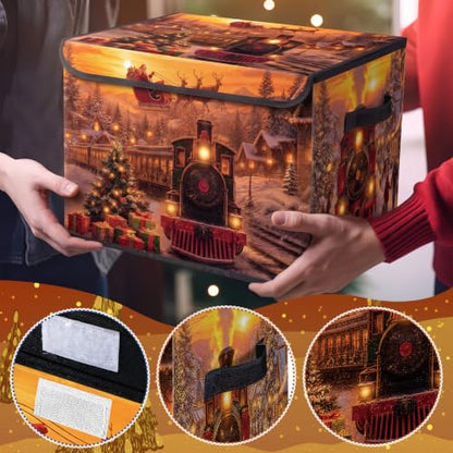 Briwooody Christmas Storage Bin with Lid and Carrying Handle Christmas Train Foldable Storage Box Large Xmas Snowy Night Decorative Collapsible Container Basket for Organizing Closet Home Bedroom - style: Christmas Train