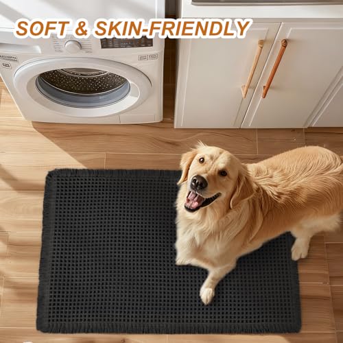 Luxury Waffle Bath Mat, Super Absorbent Non Slip Bathroom Rugs, Boho Ultra Soft Comfort Machine Washable Quick Dry Floor Mats with Tassels (Black, 17" x 24" + 24" x 72") - color: Black, size: 17" X 24" + 24" X 72"
