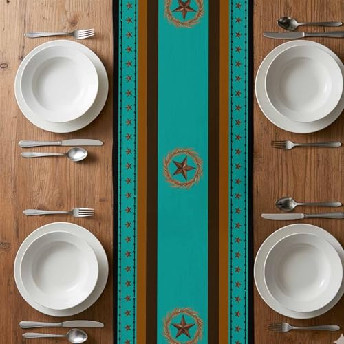 Western Texas Stars Retro Table Runner 36 Inches Long,Rustic Wheat Ears Blue Cotton Linen Table Runners Dresser Scarves,Farmhouse Fabric Tabletop Scarf Furniture Cover for Home Dinner Party 13"x36" - color: Blue Green, size: 13x36 Inches