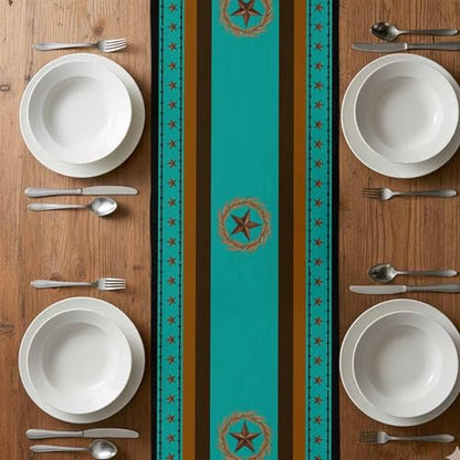Western Texas Stars Retro Table Runner 36 Inches Long,Rustic Wheat Ears Blue Cotton Linen Table Runners Dresser Scarves,Farmhouse Fabric Tabletop Scarf Furniture Cover for Home Dinner Party 13"x36" - color: Blue Green, size: 13x36 Inches
