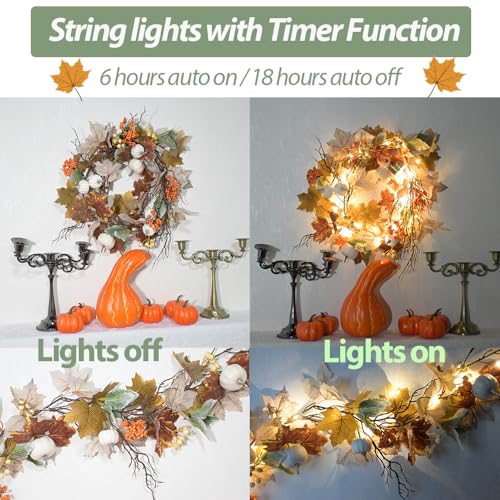 6.2FT Fall Maple Pumpkin Berry Garland with Lights and Timer - Mixed Gray - color: Mixed Gray
