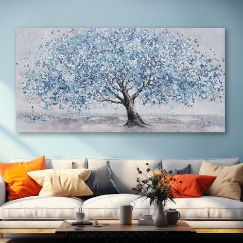 Tree of Life Wall Art Blue Tree Picture Wall Decor Artwork Framed Abstract Canvas Painting Nature Decor for Living Room Bedroom Bathroom Office Home Decor 48"x24"Can Be Hung Directly - color: Blue, size: 48"L x 24"W