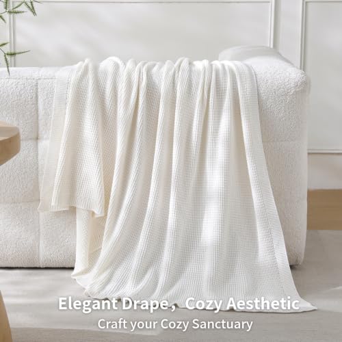 BOV 100% Cotton Knit Blanket - White Waffle Knitted Throw Blanket Twin Size, Soft Breathable Lightweight Decorative Blanket for Bed Couch Sofa, Ideal Throw Blankets for Women Gift, 60"x80" - color: White, size: 60"x80"