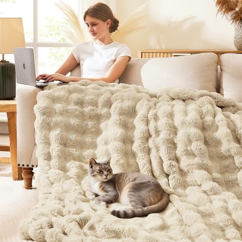 L'AGRATY Faux Rabbit Fur Throw Blanket for Couch, 90'' x 90'' Almond White - color: Almond White, size: 90" x 90"