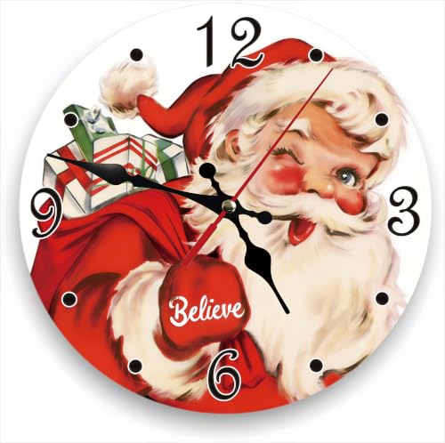 Vintage Santa Claus Silent Non Ticking Wall Clock 12 Inch, Battery Operated, Christmas White Round Wood Wall Clocks, Decorative for Living Room, Kitchen, Bedroom, Bathroom, Dining Room, Gifts - color: Vintage Santa Claus-christmas White