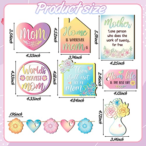 12 Pcs Mother's Day Tiered Tray Decor Happy Mother's Day Sweet Decorations Wooden Centerpiece Items Heart Flower Letters Floral Wooden Table Signs for Mother Gift Decorations Party Supplies - style: Mother