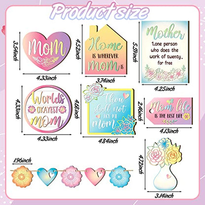12 Pcs Mother's Day Tiered Tray Decor Happy Mother's Day Sweet Decorations Wooden Centerpiece Items Heart Flower Letters Floral Wooden Table Signs for Mother Gift Decorations Party Supplies - style: Mother