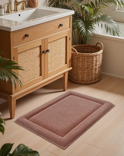 DEXI Memory Foam Bath Mat 24x17, Thick Chenille Bathroom Rug, Shrimp Red - color: Shrimp Red, size: 24" X 17" (Rectangular)