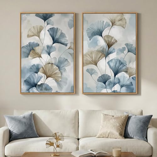 Large Framed Blue Neutral Botanical Ginkgo Wall Art Set of 2, 24x36 Inch - color: Neutral Blue, size: 24" W x 36" H x 2Pcs